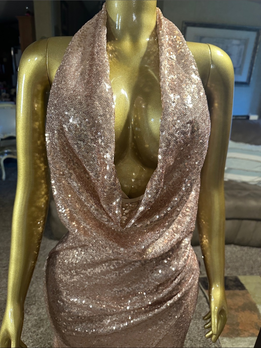 Sequined Cowl Halter Prom Dress in Rose Gold - Picture 3 of 10